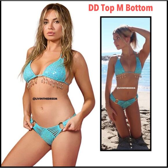 Beach Bunny Winslow Tri Top DD Deana Skimpy Bottom  M- Aqua $366 - Picture 1 of 13